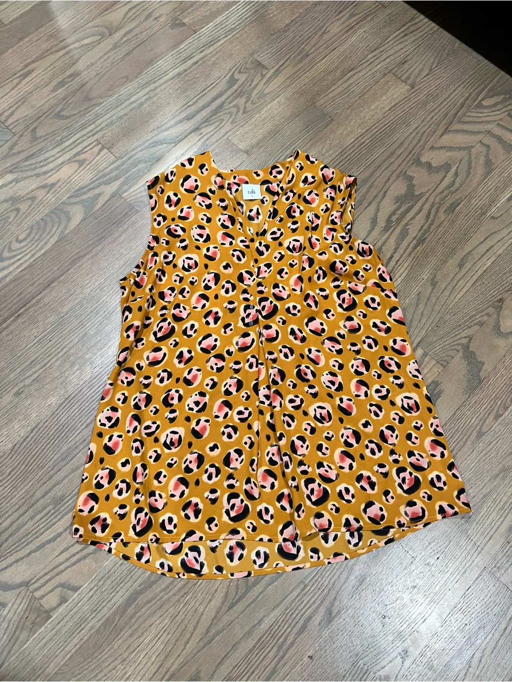 CAbi Mustard Leopard-Spot Sleeveless V-Neck Blouse